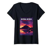 Femme Magnifique Coucher de Soleil Bora Bora Polynésie française T-Shirt avec Col en V