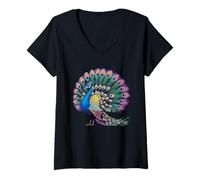 Femme Magnifique queue de paon avec plumes de paon vibrantes T-Shirt avec Col en V