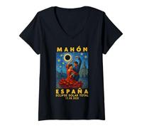 Femme Mahón, España Eclipse Solar Total 2026 T-Shirt avec Col en V