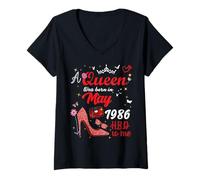 Femme Mai 1986 Anniversaire This Queen Was Born in May 1986 T-Shirt avec Col en V