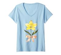 Femme Mai Naissance Mois Jaune Lys Aquarelle Floraison Florale T-Shirt avec Col en V