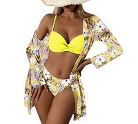 Femme Maillot de Bain 3 Pièces Imprimé avec Bikini Shorty Veste Taille Haute Bikinis Sexy Push Up Bikini Ensemble Torsion Taille Haute Short De Bain