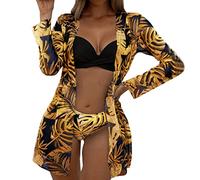 Femme Maillot de Bain 3 Pièces Imprimé avec Bikini Shorty Veste Taille Haute Bikinis Sexy Push Up Bikini Ensemble Torsion Taille Haute Short De Bain