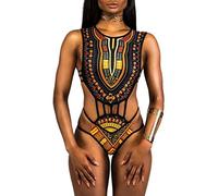 Femme Maillot de Bain Africain Impression 1 Pièce Bikini Ethnique Push Up sans Bretelles Dos Nu Monokini Maillot de Natation Spa Trikini Swimwear Tankini Swimsuit BJN-8902-BK-S