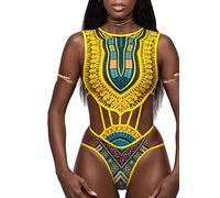 Femme Maillot de Bain Africain Impression 1 Pièce Bikini Ethnique Push Up sans Bretelles Dos Nu Monokini Maillot de Natation Spa Trikini Swimwear Tankini Swimsuit BJN-8902-YE-XL