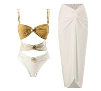 Femme Maillot de Bain Une pièce de Plage Bretelles Bikini Couleur Unie Motif Patchwork avec Jupe Paréo Assorti Contrôle du Ventre Push Up Rembourré Swimsuit GoldMipin XL