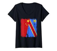 Femme Maillot de fierté congolaise chinois demi-drapeau chinois T-Shirt avec Col en V