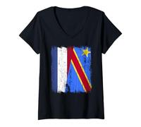 Femme Maillot de fierté congolaise néerlandaise demi-drapeau du Congo des Pays-Bas T-Shirt avec Col en V
