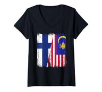 Femme Maillot Finlande Malaisie Demi Drapeau Finlandais Malaisien Heritage Jersey T-Shirt avec Col en V