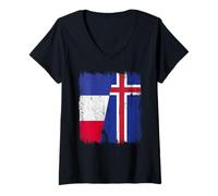 Femme Maillot France Islande Demi Drapeau Français Islandais T-Shirt avec Col en V