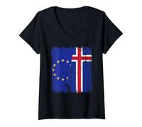 Femme Maillot islandais avec demi-drapeau de l'Union européenne T-Shirt avec Col en V