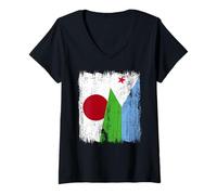 Femme Maillot Japon Djibouti Demi Drapeau Japonais Fierté Djiboutienne T-Shirt avec Col en V