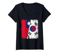 Femme Maillot Taiwan Corée du Sud Demi Drapeau Taïwanais Corée du Sud T-Shirt avec Col en V