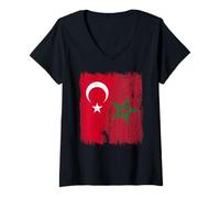 Femme Maillot Turquie Maroc Demi Drapeau Turc Patrimoine Mar T-Shirt avec Col en V
