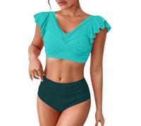 Femme Maillots De Bain 2 Pieces Gainant Ventre Plat Triangle Bikini Set Taille Haute Maillots Col V Sexy Push Up Rembourré Beachwear De Piscine À Imprimé Hawaïen Vetement Été