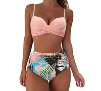 Femme Maillots de Bain Deux Pièces Bikini Allaitement Femmes Taille Haute Bikini Sexy Push Up Vintage Froncé Taille Haute Imprimé Bikini Ensemble (Pink-b, L)