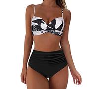 Femme Maillots de Bain Deux Pièces Bikini Allaitement Femmes Taille Haute Bikini Sexy Push Up Vintage Froncé Taille Haute Imprimé Bikini Ensemble (White-b, XL)