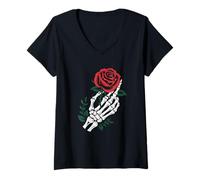 Femme Main De Squelette avec Rose Tattoo Gothic Dark Romantic Art T-Shirt avec Col en V