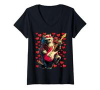 Femme Maine Coon Mignon Jouant de la Guitare Guitariste Chat Saint-Valentin T-Shirt avec Col en V
