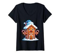 Femme Maison Pain d’Épices Joyeuse avec Bonnet Neige et Sucreries T-Shirt avec Col en V