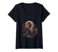 Femme Majestic Cheval se Levant avec Lune et pagode T-Shirt avec Col en V