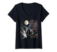 Femme Majestic Gorilla Under Full Moon Japonais Sakura Waterfall T-Shirt avec Col en V