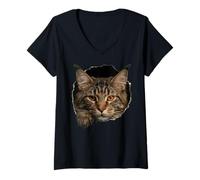 Femme Majestic Maine Cat Yeux ambrés regardant à Travers T-Shirt avec Col en V