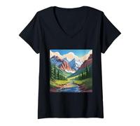 Femme Majestic Mountain Valley Art Snowy Peaks Pine Tree Stream T-Shirt avec Col en V