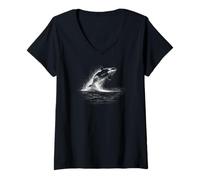 Femme Majestic Whale Orca Jump Ocean Scène T-Shirt avec Col en V