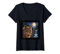 Femme Majestic Wolf Under The Moonlight Sky Nature Scène T-Shirt avec Col en V