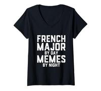 Femme Majeur français par Jour Memes by Night Étudiant francophone T-Shirt avec Col en V