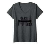 Femme Major Cattitude Cat Bone Citation Humour Graphique T-Shirt avec Col en V