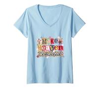 Femme Make Heaven Crowded Christian Faith Collage imprimé léopard T-Shirt avec Col en V