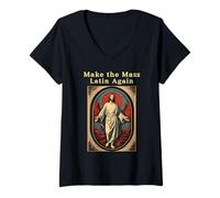 Femme Make The Mass Latin Again Église catholique Romaine Traditionnelle T-Shirt avec Col en V