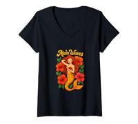 Femme Make Waves Hibiscus Sirène Esthétique Été Océan tropical T-Shirt avec Col en V