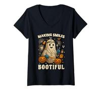 Femme Making Smiles Bootiful Funny Halloween Dentist Ghost Dental T-Shirt avec Col en V