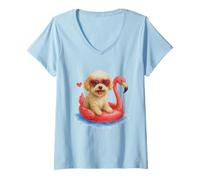 Femme Maltipoo Flamingo Float Lunettes de soleil d'été Motif chien mignon T-Shirt avec Col en V