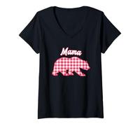 Femme Mama Bear Plaid Vichy Rouge T-Shirt avec Col en V