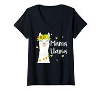 Femme Mama Llama Tournesol Lamas Mignons Fête des mères T-Shirt avec Col en V