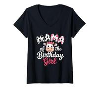 Femme Mama of The Birthday Girl Vache Mignonne avec nœud Rose Maman Femme T-Shirt avec Col en V