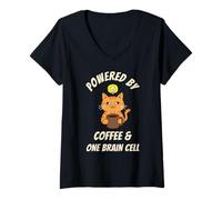 Femme Maman Chat Orange alimenté par Coffee One Brain Cell T-Shirt avec Col en V