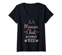 Femme Maman Chat Puissance 1000 Humour T-Shirt avec Col en V