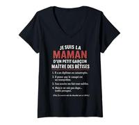 Femme Maman d'un Petit Garçon Maître des Bêtises Humour Cadeau T-Shirt avec Col en V
