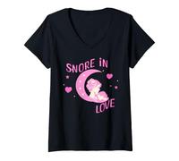 Femme Maman et Bébé Endormis sous Lune et Étoiles T-Shirt avec Col en V