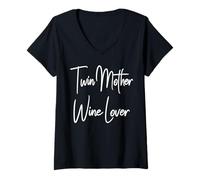 Femme Maman jumelle amatrice de vin Maman de Deux Jumeaux Sommelier T-Shirt avec Col en V