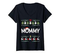 Femme Maman Noël Matin Mignon Assorti Famille Noël Maman Père Noël T-Shirt avec Col en V