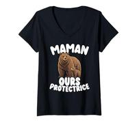 Femme Maman Ours Protectrice Cadeau Mère Forte et Aimante T-Shirt avec Col en V