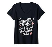 Femme Maman remplie de grâce aimée par Dieu menant avec amour T-Shirt avec Col en V