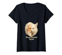 Femme Man Is a Wolf to Man Homini Lupus Citation latine T-Shirt avec Col en V