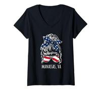 Femme Manassas VA Messy Hair Bun Ribbon Lunettes de Soleil T-Shirt avec Col en V